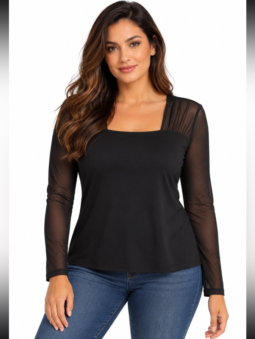 Suzie in the City Women XL Black Mesh Long Sleeve Square Neck Y2K